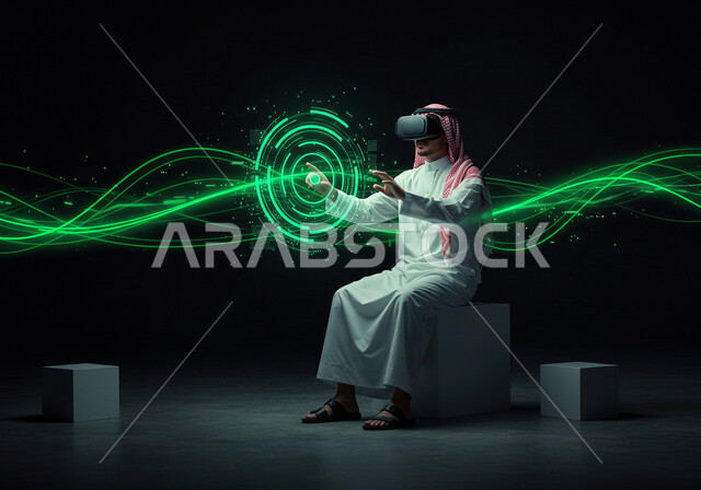 مفهوم التطور التقني والتكنولوجي، ايماءات محاولة الامساك بشيء ما، الاندماج والتفاعل مع العناصر الهولوجرامية، محاكاه العالم الخيالي، استخدام جهاز تقني حديث،  رجل عربي خليجي سعودي يرتدي الثوب التقليدي و الشماغ يضع نظارة الواقع الافتراضي ويقوم بلمس أيقونات افتراضية