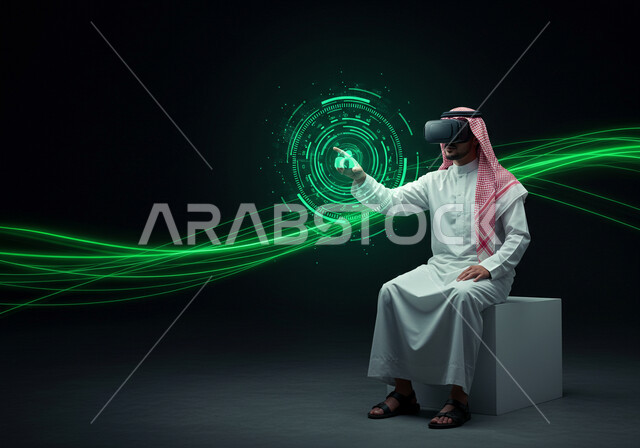 مفهوم التطور التقني والتكنولوجي، ايماءات محاولة الامساك بشيء ما، الاندماج والتفاعل مع العناصر الهولوجرامية، محاكاه العالم الخيالي، استخدام جهاز تقني حديث،  رجل عربي خليجي سعودي يرتدي الثوب التقليدي و الشماغ يضع نظارة الواقع الافتراضي ويقوم بلمس أيقونات افتراضية