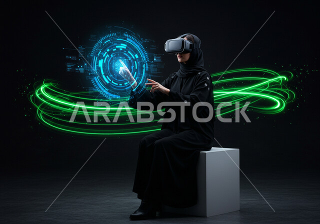 الاندماج والتفاعل مع العناصر الهولوجرامية، محاكاه العالم الخيالي، استخدام جهاز تقني حديث، امرأة عربية خليجية سعودية محجبة ترتدي عباءة سوداء تضع نظارة الواقع الافتراضي وتقوم بلمس أيقونات افتراضية، مفهوم التطور التقني والتكنولوجي، ايماءات محاولة الامساك بشيء ما