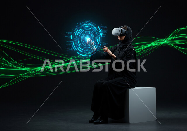 الاندماج والتفاعل مع العناصر الهولوجرامية، محاكاه العالم الخيالي، استخدام جهاز تقني حديث، امرأة عربية خليجية سعودية محجبة ترتدي عباءة سوداء تضع نظارة الواقع الافتراضي وتقوم بلمس أيقونات افتراضية، مفهوم التطور التقني والتكنولوجي، ايماءات محاولة الامساك بشيء ما