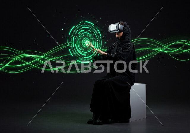الاندماج والتفاعل مع العناصر الهولوجرامية، محاكاه العالم الخيالي، استخدام جهاز تقني حديث، امرأة عربية خليجية سعودية محجبة ترتدي عباءة سوداء تضع نظارة الواقع الافتراضي وتقوم بلمس أيقونات افتراضية، مفهوم التطور التقني والتكنولوجي، ايماءات محاولة الامساك بشيء ما