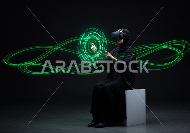 الاندماج والتفاعل مع العناصر الهولوجرامية، محاكاه العالم الخيالي، استخدام جهاز تقني حديث، امرأة عربية خليجية سعودية محجبة ترتدي عباءة سوداء تضع نظارة الواقع الافتراضي وتقوم بلمس أيقونات افتراضية، مفهوم التطور التقني والتكنولوجي، ايماءات محاولة الامساك بشيء ما