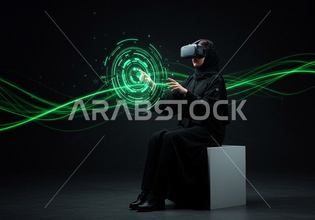 الاندماج والتفاعل مع العناصر الهولوجرامية، محاكاه العالم الخيالي، استخدام جهاز تقني حديث، امرأة عربية خليجية سعودية محجبة ترتدي عباءة سوداء تضع نظارة الواقع الافتراضي وتقوم بلمس أيقونات افتراضية، مفهوم التطور التقني والتكنولوجي، ايماءات محاولة الامساك بشيء ما