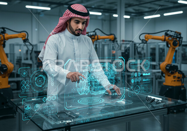 التطور التقني والتكنولوجي, تصميم هندسي ومخطط لمشروع صناعي مستقبلي, رؤية مستقبلية سعودية 2030,  رجل عربي خليجي سعودي يرتدي الثوب التقليدي والشماغ يقوم بلمس محرك هولوجرامي، عناصر ورموز هولوجرامية ثلاثية الابعاد، الإشراف على سير عملية الإنتاج في المصانع