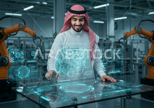 التطور التقني والتكنولوجي, تصميم هندسي ومخطط لمشروع صناعي مستقبلي, رؤية مستقبلية سعودية 2030,  رجل عربي خليجي سعودي يرتدي الثوب التقليدي والشماغ يقوم بلمس محرك هولوجرامي، عناصر ورموز هولوجرامية ثلاثية الابعاد، الإشراف على سير عملية الإنتاج في المصانع
