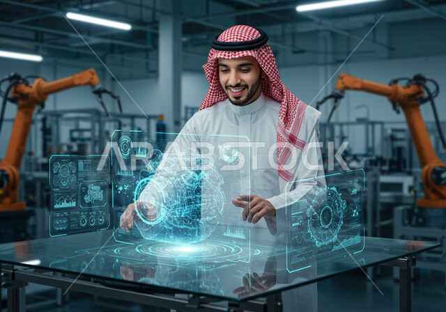 التطور التقني والتكنولوجي, تصميم هندسي ومخطط لمشروع صناعي مستقبلي, رؤية مستقبلية سعودية 2030,  رجل عربي خليجي سعودي يرتدي الثوب التقليدي والشماغ يقوم بلمس محرك هولوجرامي، عناصر ورموز هولوجرامية ثلاثية الابعاد، الإشراف على سير عملية الإنتاج في المصانع