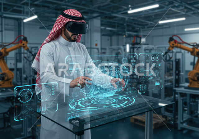 Technical and technological development, engineering design and plan for a future industrial project, Saudi Vision 2030, a Saudi Arabian Gulf man wearing a traditional thobe and shemagh touching a holographic engine, 3D holographic elements and symbols, supervising the production process in factories