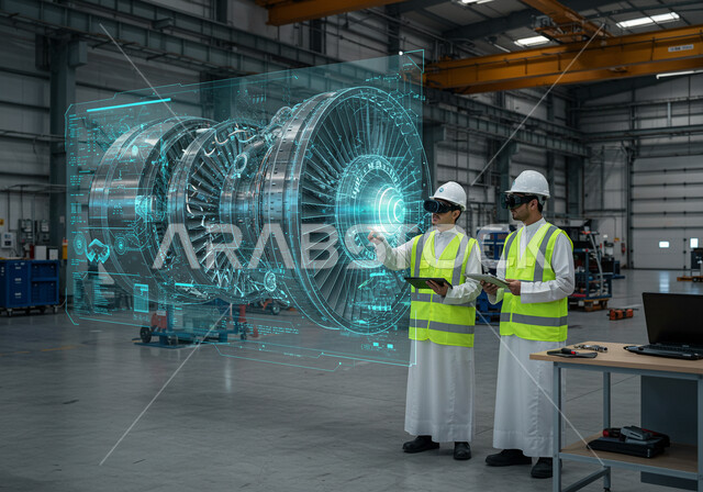 التطور التقني والتكنولوجي, رؤية مستقبلية سعودية 2030, مهندسان عربيان سعوديان خليجيان يرتديان الثوب التقليدي وخوذة الحماية والسترة مع نظارة الواقع الافتراضي ينظران إلى محرك هولوجرامي، عناصر ورموز هولوجرامية ثلاثية الابعاد، الإشراف على سير عملية الإنتاج في المصانع