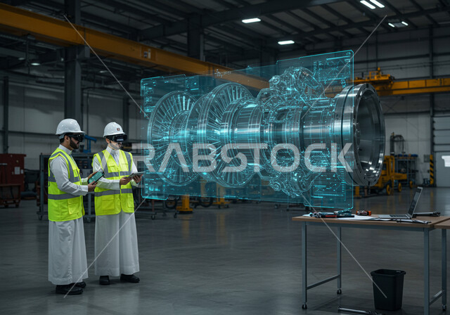 Future Saudi vision 2030, supervising the progress of the production process in factories, development in production and manufacturing and achieving the industrial revolution, modern technical and technological transformation, adopting automation and artificial intelligence in engineering, two Saudi and Gulf Arab engineers wearing a thobe, a protective helmet and a jacket.