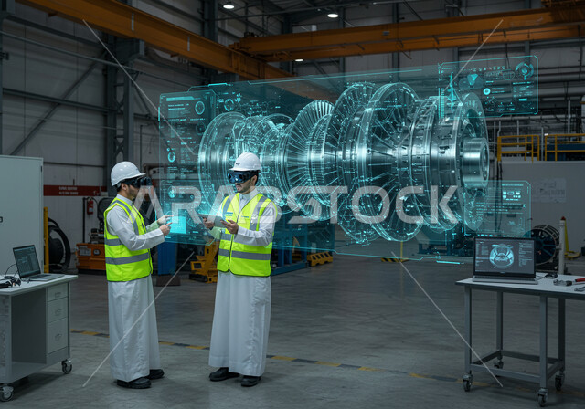 التطور التقني والتكنولوجي, رؤية مستقبلية سعودية 2030, مهندسان عربيان سعوديان خليجيان يرتديان الثوب التقليدي وخوذة الحماية والسترة مع نظارة الواقع الافتراضي ينظران إلى محرك هولوجرامي، عناصر ورموز هولوجرامية ثلاثية الابعاد، الإشراف على سير عملية الإنتاج في المصانع