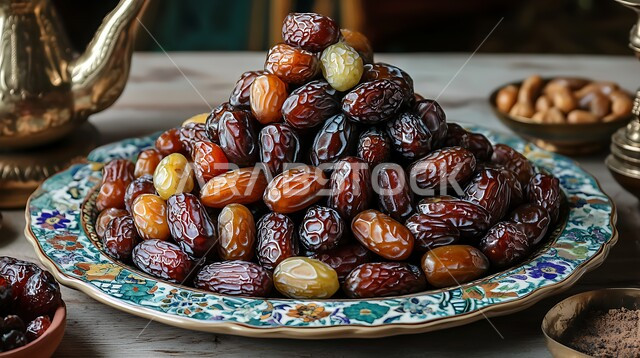 أنواع التمور الفاخرة في المملكة العربية السعودية, ثمار ومحاصيل زراعية محلية وطنية، وجبة ذات قيمة غذائية عالية، طبق مليء بحبات التمر الصحي، ضيافة رمضانية تقليدية