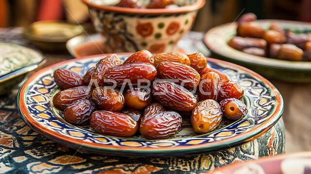 أنواع التمور الفاخرة في المملكة العربية السعودية, ثمار ومحاصيل زراعية محلية وطنية، وجبة ذات قيمة غذائية عالية، طبق مليء بحبات التمر الصحي، ضيافة رمضانية تقليدية
