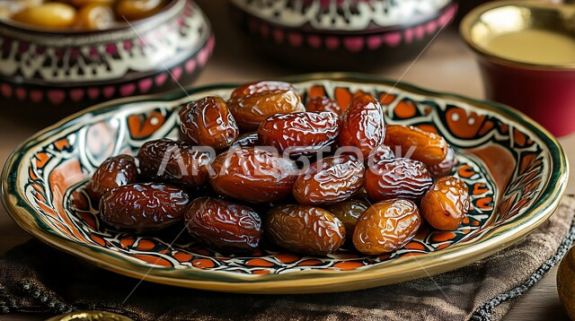 أنواع التمور الفاخرة في المملكة العربية السعودية, ثمار ومحاصيل زراعية محلية وطنية، وجبة ذات قيمة غذائية عالية، طبق مليء بحبات التمر الصحي، ضيافة رمضانية تقليدية