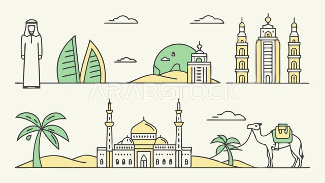 التطور والتقدم العمراني على الطراز الحديث, الفن الهندسي المعماري لابراج المملكة العربية السعودية, رسوم توضيحية لناطحات السحاب والمنشآت والمساجد, المعالم السياحية المشهورة