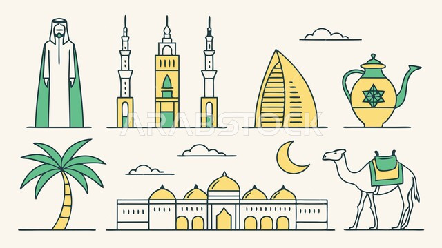 Urban development and progress in the modern style, architectural engineering art of the towers of the Kingdom of Saudi Arabia, illustrations of skyscrapers, facilities and mosques, famous tourist attractions