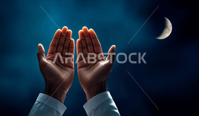 Striving in worship and preserving remembrance, a close-up of the hands of a Saudi Arabian Gulf man holding a banner raising his hands and supplicating to God, hand gestures indicating supplication and entreaty, obedience and drawing closer to God in the holy month of Ramadan