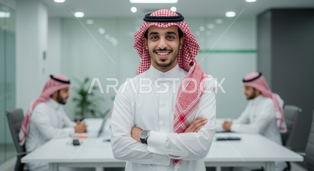 The concept of elegance and interest in external appearance, a smiling Saudi Arabian Gulf businessman wearing traditional thobe and shemagh looking at the camera and standing straight with crossed hands, Saudi administrative professions and jobs, explaining work tasks and strategies, attending company meetings