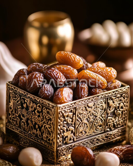 الأدوات الشرقية مصنوعة من النحاس بأسلوب تقليدي, طبق نحاسي من حبات التمر الطازج، محاصيل ومنتجات محلية وطنية، أنتيكا تراثية في المملكة العربية السعودية, وجبة ذات قيمة غذائية عالية، حسن الضيافة والإستقبال