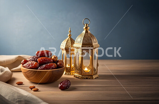 الأدوات الشرقية المصنوعة بأسلوب تقليدي, طبق ذهبي من حبات التمر الطازج،  فانوس رمضاني مزخرف لزينة الشهر الفضيل، محاصيل ومنتجات محلية وطنية، أنتيكا تراثية في المملكة العربية السعودية, وجبة ذات قيمة غذائية عالية، حسن الضيافة والإستقبال