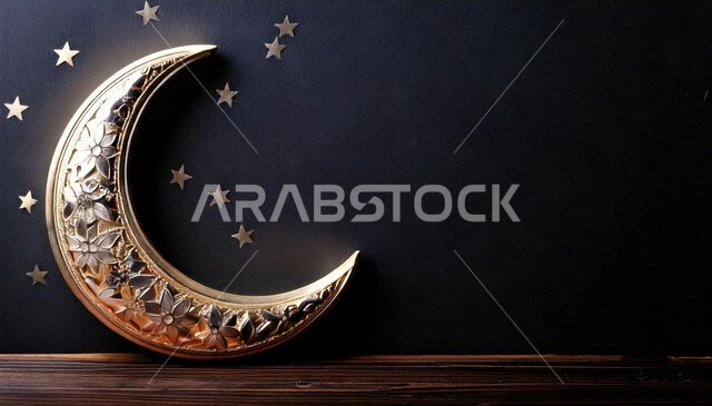 Religious holidays and happy occasions, the crescent of the holy month of Ramadan, Muslims’ preparation to welcome the holy month of Ramadan, decorations and lighting of lamps, joy at the arrival of the month of goodness, black background