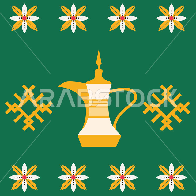 الاستمتاع بالمشروبات الساخنة، منتج وطني محلي، حسن الضيافه والإستقبال في الأعياد والمناسبات الدينية، اتباع العادات والتقاليد السعودية، رسوم توضيحية لدله قهوة عربية نحاسية، خلفية خضراء مزخرفة