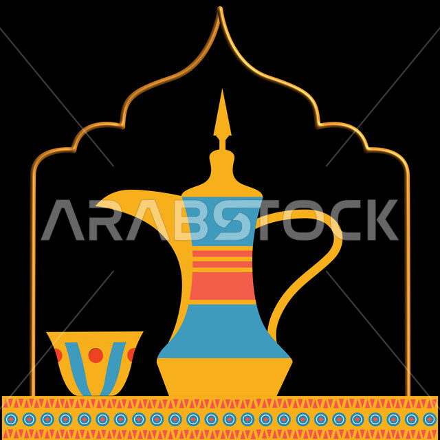 اتباع العادات والتقاليد السعودية، حسن الضيافه والإستقبال في الأعياد والمناسبات الدينية، الاستمتاع بالمشروبات الساخنة، منتج وطني محلي، رسوم توضيحية لدله قهوة عربية نحاسية مع فنجان، خلفية سوداء