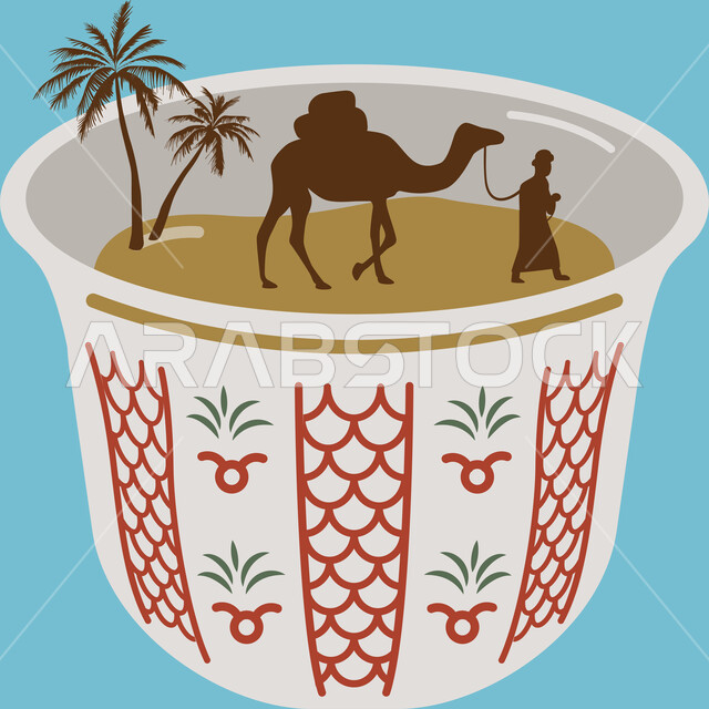 مفهوم تربية الجمال في منطقة صحراوية، منتج وطني محلي، رسوم توضيحية لفنجان من القهوة العربية التقليدية بداخله راعي يسير مع ناقته على الرمال الذهبية الناعمة في البادية، اتباع العادات والتقاليد السعودية، حسن الضيافه والإستقبال، خلفية زرقاء
