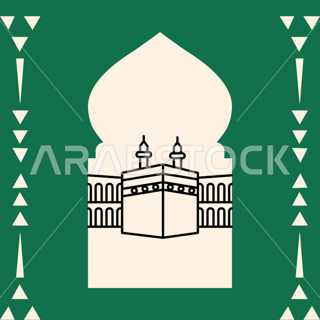 وجهة المسلمين من كل بقاع الأرض، مفهوم العبادة والتقرب إلى الله تعالى، الحرم المكي الشريف في المملكة العربية السعودية، رسم توضيحي للكعبة المشرفة في مكة المكرمة، بطاقة تهنئة بمناسبة الأعياد الاسلامية، خلفية خضراء