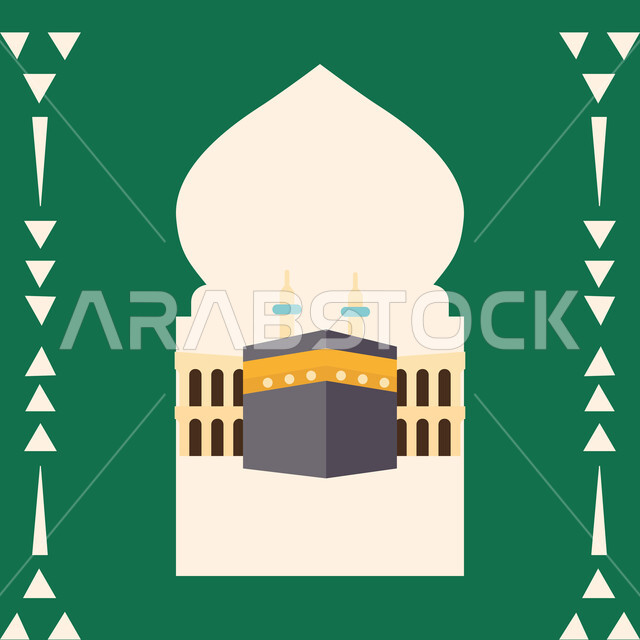 مفهوم العبادة والتقرب إلى الله تعالى، الحرم المكي الشريف في المملكة العربية السعودية، رسم توضيحي للكعبة المشرفة في مكة المكرمة، وجهة المسلمين من كل بقاع الأرض، بطاقة تهنئة بمناسبة الأعياد الاسلامية، خلفية خضراء