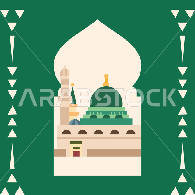 الفن الهندسي المعماري للمآذن والقبة الخضراء، مكان ومعلم ديني إسلامي مقدس في المملكة العربية السعودية، مفهوم العبادة والتقرب إلى الله، رسم توضيحي للمسجد النبوي الشريف بالمدينة المنورة، بطاقة تهنئة بمناسبة الأعياد الدينية، خلفية خضراء