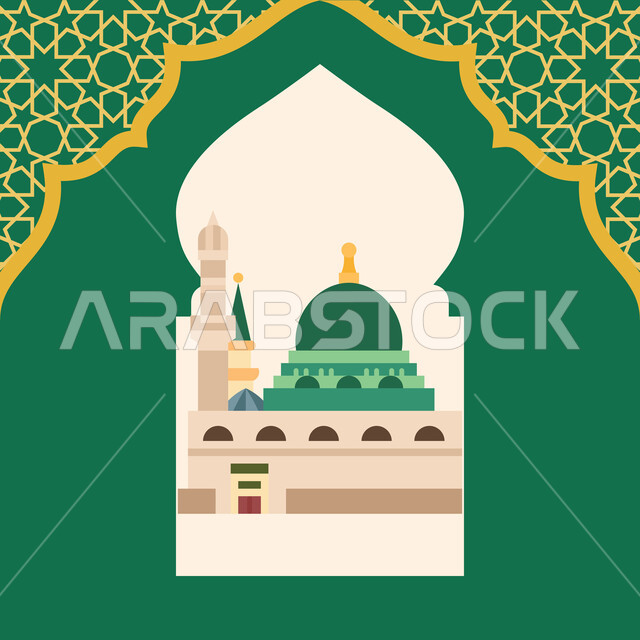 مكان ومعلم ديني إسلامي مقدس في المملكة العربية السعودية، مفهوم العبادة والتقرب إلى الله، رسم توضيحي للمسجد النبوي الشريف بالمدينة المنورة، الفن الهندسي المعماري للمآذن والقبة الخضراء، بطاقة تهنئة بمناسبة الأعياد الدينية، خلفية خضراء