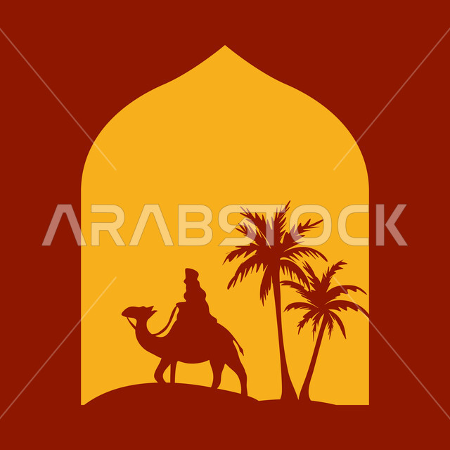 الاهتمام في تربية الجمال والإبل، مفهوم رعاية المواشي والثدييات، وسيلة للتنقل والسفر في القدم، رسم توضيحي ظلي لرجل عربي خليجي سعودي يقود حيوان الجمل في الصحراء، المناظر الطبيعية وأشجار النخيل في الصحاري، خلفية حمراء، سالويت