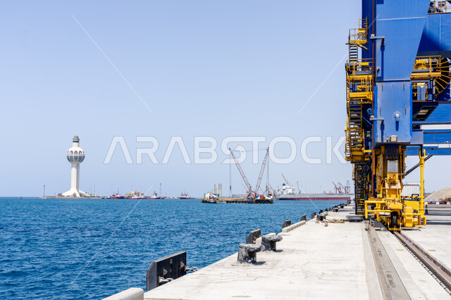 Architectural engineering art of Jeddah Lighthouse on the Red Sea coast, Saudi Arabia's waterfront, famous Islamic port, tourist places and landmarks, Vision 2030