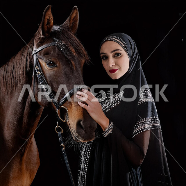 الفروسية وهواية ركوب الأحصنة، نشاط ترفيهي ممتع، الاهتمام والشغف بركوب الجياد، تعلق أبناء المملكة العربية السعودية بالخيول، بورتريه مقرب لفتاة عربية سعودية خليجية ترتدي العباءة السوداء و تقف بجانب خيل عربي اصيل، خلفية سوداء