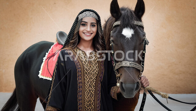 Saudi Arabia's love for horses, a fun recreational activity, equestrianism and horse riding hobby, interest and passion for horse riding, a Saudi Arabian Gulf girl wearing a black abaya and standing next to a purebred Arabian horse