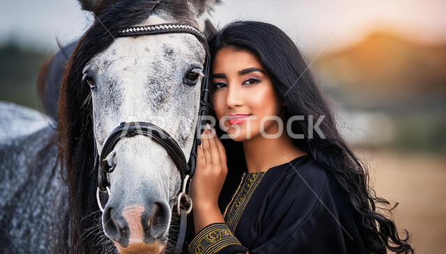 Saudi Arabia's love for horses, a fun recreational activity, equestrianism and horse riding hobby, interest and passion for horse riding, a Saudi Arabian Gulf girl wearing a black abaya and standing next to a purebred Arabian horse