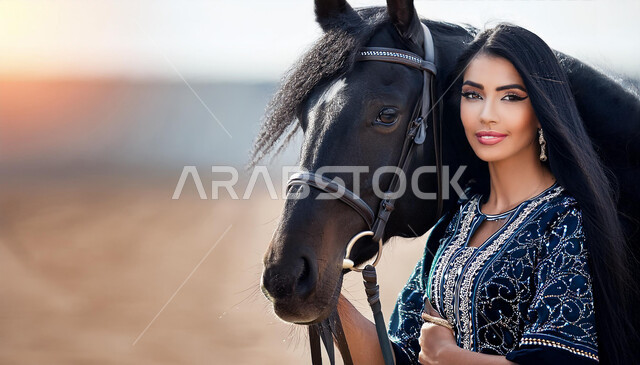 Saudi Arabia's love for horses, a fun recreational activity, equestrianism and horse riding hobby, interest and passion for horse riding, a Saudi Arabian Gulf girl wearing a black abaya and standing next to a purebred Arabian horse