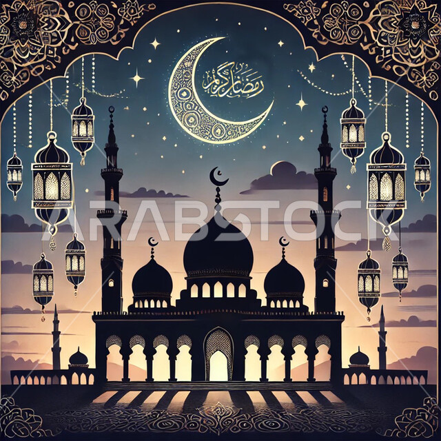 بطاقات تهنئة بمناسبة الأعياد والمناسبات الدينية، خلفية رمضانية وروحانية، مجسمات ثلاثية الابعاد للمساجد والقبب، العبادة والتقرب إلى الله، زخارف اسلاميه ثري دي، رسومات لتصاميم الفن الهندسي المعماري لمسجد إسلامي