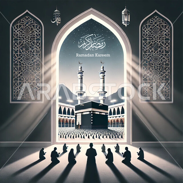 بطاقات تهنئة بمناسبة الأعياد والمناسبات الدينية، خلفية رمضانية وروحانية، مجسمات ثلاثية الابعاد للكعبة المشرفة، العبادة والتقرب إلى الله، زخارف اسلاميه ثري دي، رسومات لتصاميم الفن الهندسي المعماري لمسجد إسلامي