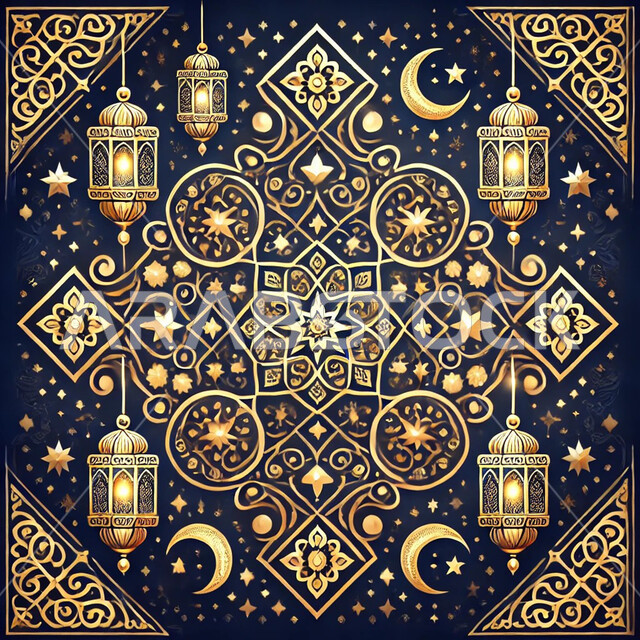 العبادة والتقرب الى الله في شهر رمضان المبارك، فوانيس وتصاميم وزينة اسلامية دينية فاخرة، أجواء رمضانية روحانية، بطاقة تهنئة المسلمين بقدوم العيد، المناسبات والاعياد الدينية، مجسم زخرفة على الطراز الاسلامي مع هلال وفانوس رمضاني
