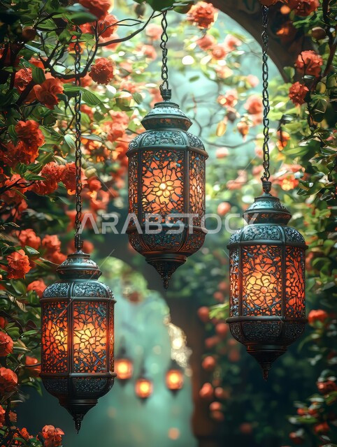 تحف واكسسوار تقليدي للاحتفال بقدوم شهر رمضان المبارك، العادات والتقاليد في زينة الأعياد والمناسبات الدينية، أجواء رمضانية وروحانية إسلامية، صورة مقربة لفوانيس عربية معدنية مزخرفة ملونة معلقة على غصن شجرة خضراء ملئية بالزهور الطبيعية 