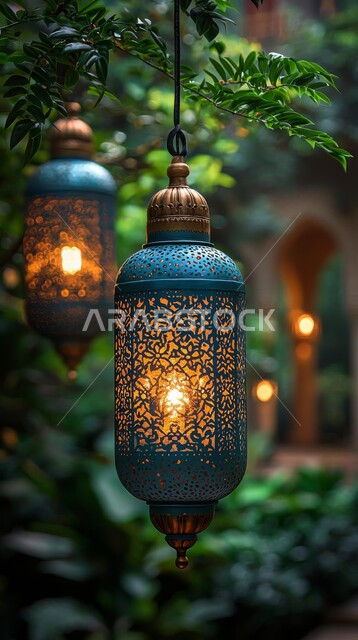 العادات والتقاليد في زينة الأعياد والمناسبات الدينية، تحف واكسسوار تقليدي للاحتفال بقدوم شهر رمضان المبارك، أجواء رمضانية وروحانية إسلامية، صورة مقربة لفوانيس عربية معدنية مزخرفة ملونة معلقة على غصن شجرة طبيعية خضراء