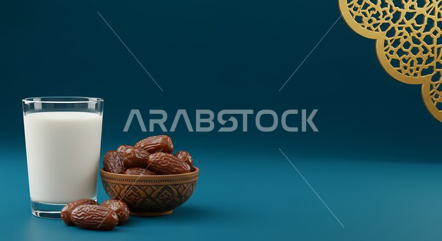 Healthy Ramadan breakfast, food with high nutritional value, plate of dates with a glass of milk, hospitality reception on holidays and religious occasions in the Kingdom of Saudi Arabia, breakfast for the fasting person in the holy month of Ramadan, local national product and crop, luxurious Gulf sugar dates, blue background