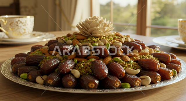 Delicious Ramadan hospitality, delicious healthy dates and nuts, healthy and beneficial food, a highly nutritious meal, a local Saudi national agricultural product and crop, a plate full of dates, dried fruits and fresh almonds