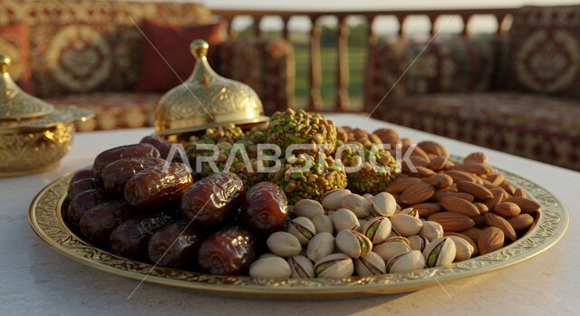 التمور والمكسرات الصحية اللذيذة، ضيافة رمضانية شهية، غذاء صحي ومفيد، وجبة غذائية عالية الأهمية، منتج ومحصول زراعي محلي سعودي وطني، طبق مليء بالتمر والفواكه المجففة واللوز الطازج