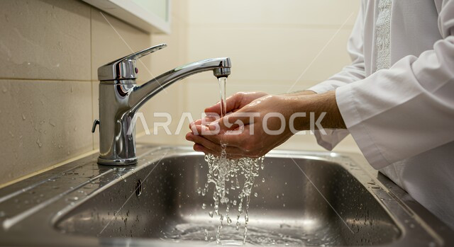 الطاعة والعبادة والتقرب الى الله، الاستعداد للقيام بالفرائض الدينية، مفهوم الطهارة والتهيؤ للصلاة, صورة مقربة لرجل عربي خليجي سعودي يرتدي الثوب التقليدي يقوم بالوضوء وغسل وجهه