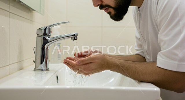 الاستعداد للقيام بالفرائض الدينية، مفهوم الطهارة والتهيؤ للصلاة, صورة مقربة لرجل عربي خليجي سعودي يرتدي الثوب التقليدي يقوم بالوضوء وغسل وجهه، الطاعة والعبادة والتقرب الى الله