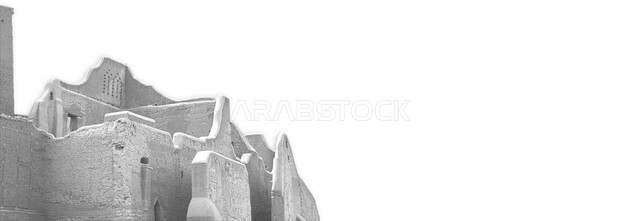 Famous historical landmarks, mud houses and ancient buildings in the At-Turaif district in old Diriyah, old-style architectural art, a heritage tourist place in Saudi Arabia, the founding of the first Saudi state in 1727 AD, the day we started on February 22, reviving the heritage of the Kingdom, white background