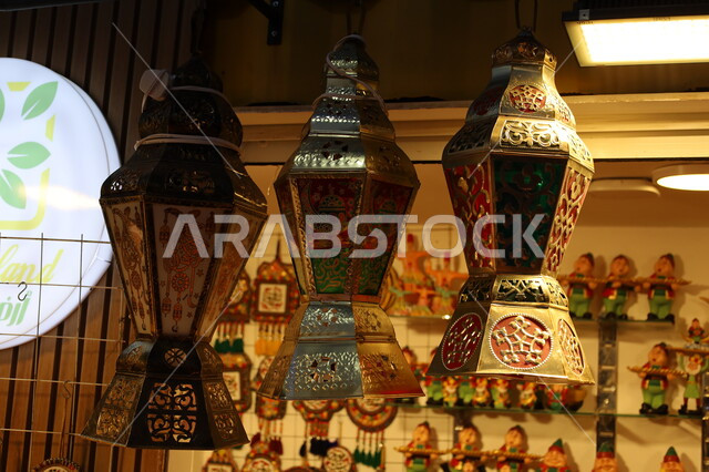 Joy of the coming of the blessed month of Ramadan, a shop selling lanterns and traditional products and accessories, the spiritual atmosphere of Ramadan in the Kingdom of Saudi Arabia, celebrating Islamic religious occasions, decorations and ornaments for the month of Khayy, a traditional popular market in the city of Jeddah