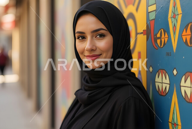 مفهوم الاستمتاع في الهواء الطلق, قضاء وقت ممتع في التنزه، صورة مقربة لامرأة عربية خليجية سعودية محجبة ترتدي العباءة السوداء تنظر إلى الكاميرا بإيماءات السرور والسعادة